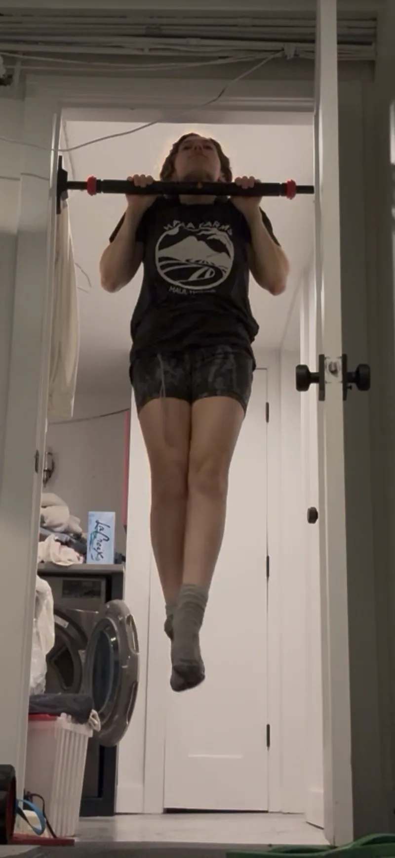 Dashiell doing a pull-up on a doorway pull-up bar