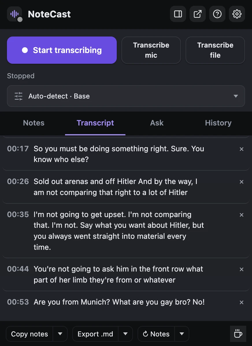 NoteCast desktop app showing a transcript with timestamped lines and controls to transcribe a microphone or file.